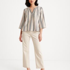 SPLENDID Striped Linen Blend Peasant Blouse | XL | Ivory Gray Lilac | Boho Top